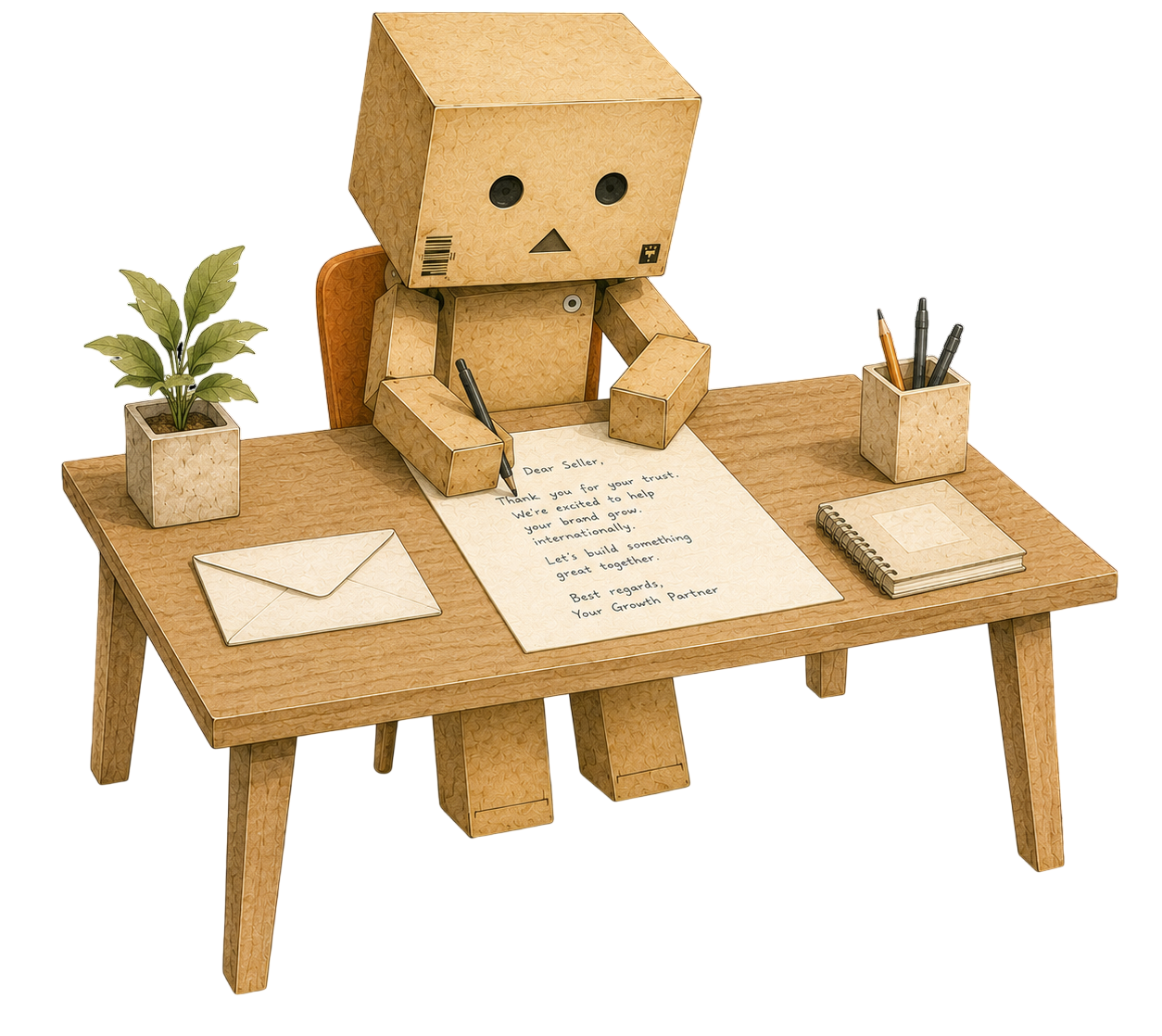 Mascotte Skalebid che scrive una lettera